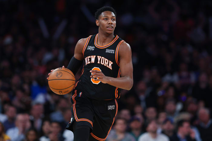 New York Knicks guard RJ Barrett (9) dribbles up court during the second half against the Atlanta Hawks at Madison Square Garden.